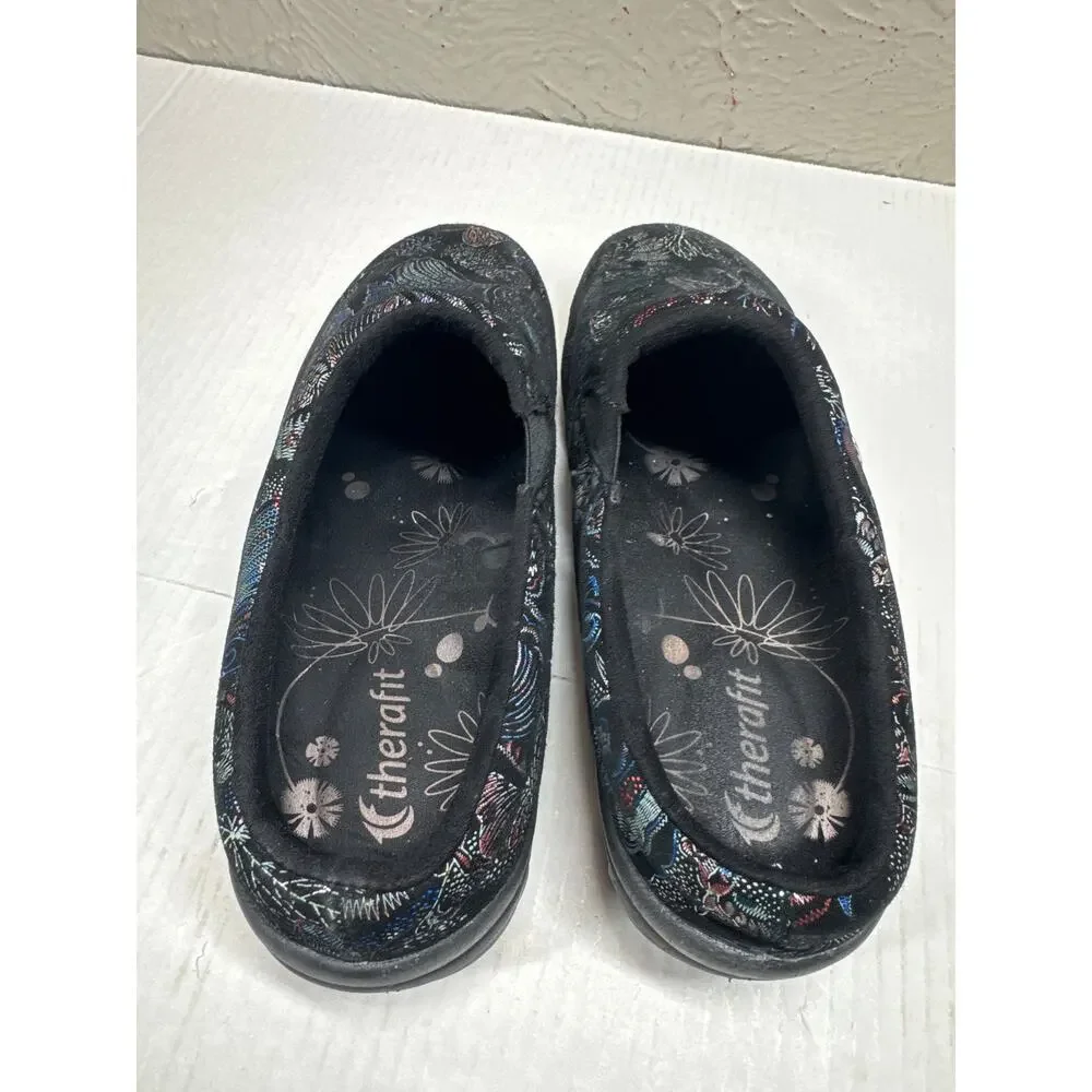 Therafit Molly Women's Suede Black Clog Paisley‎ Colorful Size 39 US 8.5/9